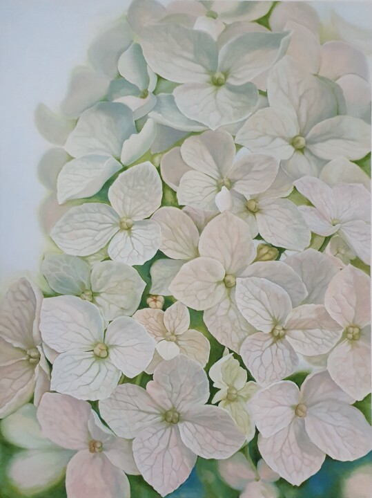 Картина под названием "White hydrangea" - Elena Shostal (ShoStyle), Подлинное произведение искусства, Масло