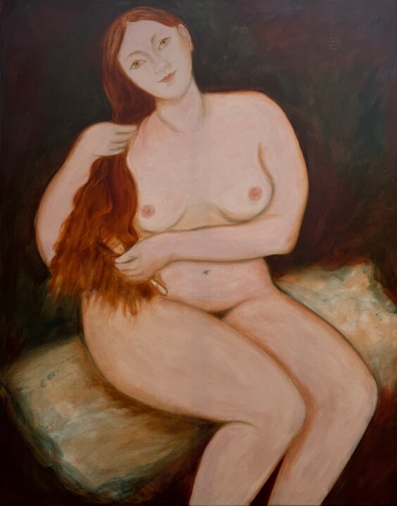 Картина под названием "Woman brushing his…" - Elena Stauffer, Подлинное произведение искусства, Масло Установлен на Деревянн…