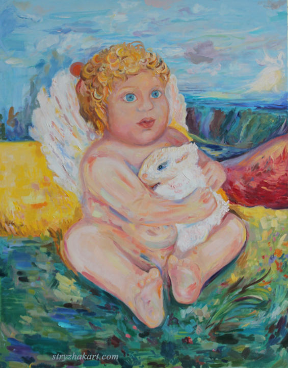 Malarstwo zatytułowany „angel-and-light-rab…” autorstwa The Color Of Life, Oryginalna praca, Olej