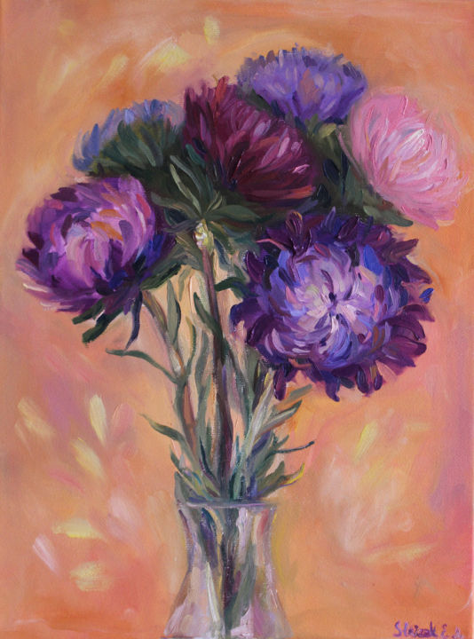 Painting titled "asters - floral oil…" by The Color Of Life, Original Artwork, Oil