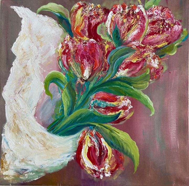 Painting titled "7 Tulips" by Elena Sukhanova (SEA), Original Artwork, Oil