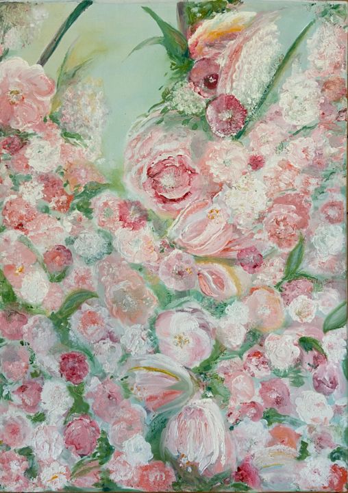 Painting titled "Radiant, spring flo…" by Elena Sukhanova (SEA), Original Artwork, Oil Mounted on Cardboard