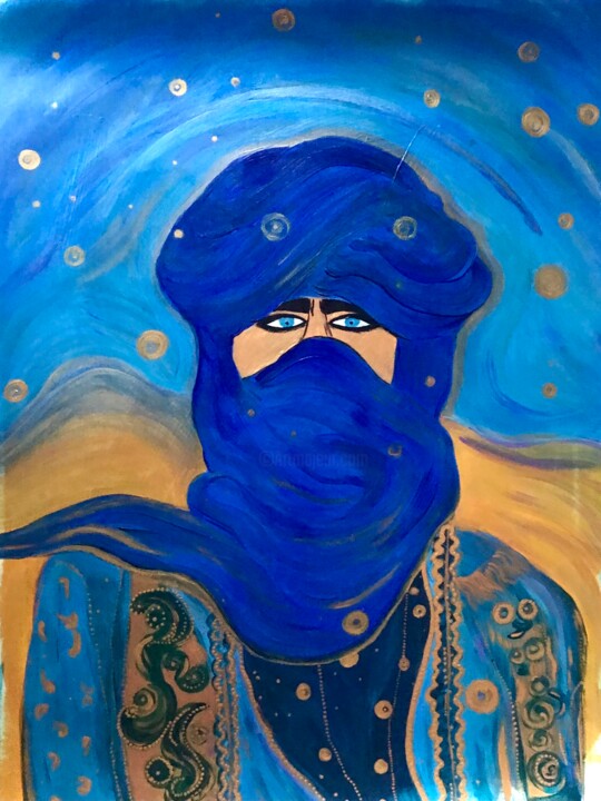Painting titled ""Tuareg in blue and…" by Elena Suprema, Original Artwork, Acrylic