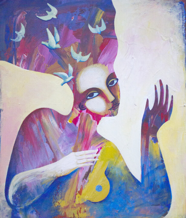 Painting titled "Thoughts" by Elena Tomilova, Original Artwork, Acrylic Mounted on Cardboard