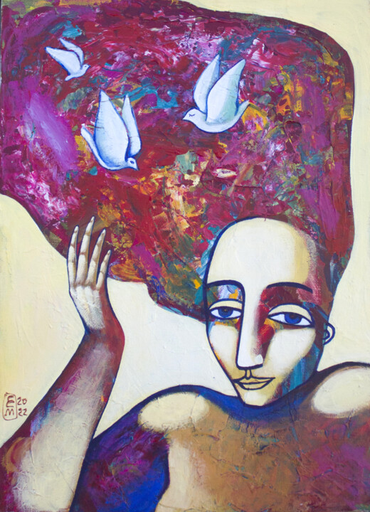 Painting titled "Thinking about" by Elena Tomilova, Original Artwork, Acrylic
