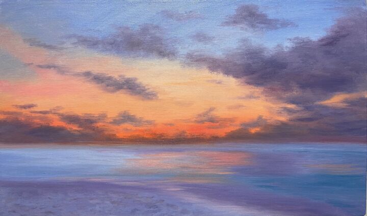Painting titled "Sunset" by Elena Tretiakova, Original Artwork, Oil Mounted on Wood Stretcher frame