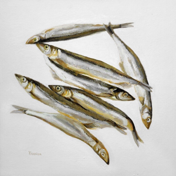 Peinture intitulée "Sardines auf weißem…" par Elena Tronina, Œuvre d'art originale, Huile