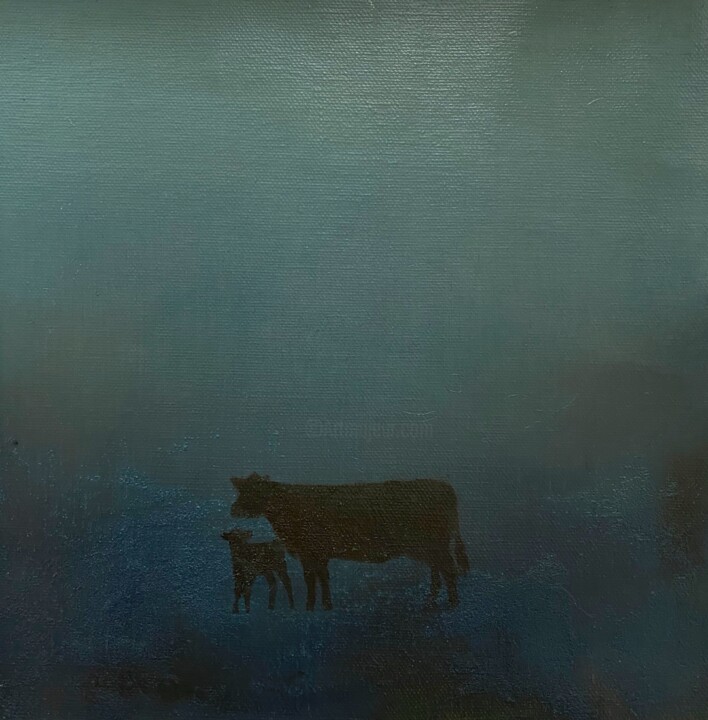 Peinture intitulée "Cow and baby" par Elena Troyanskaya, Œuvre d'art originale, Huile Monté sur Panneau de bois