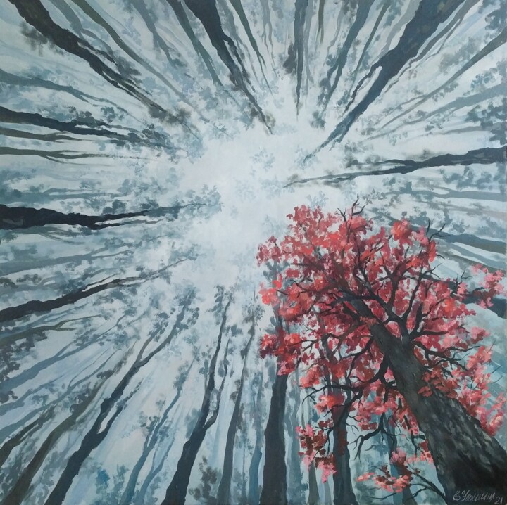 Painting titled "Красное дерево" by Elena Ulshina, Original Artwork, Oil Mounted on Other rigid panel