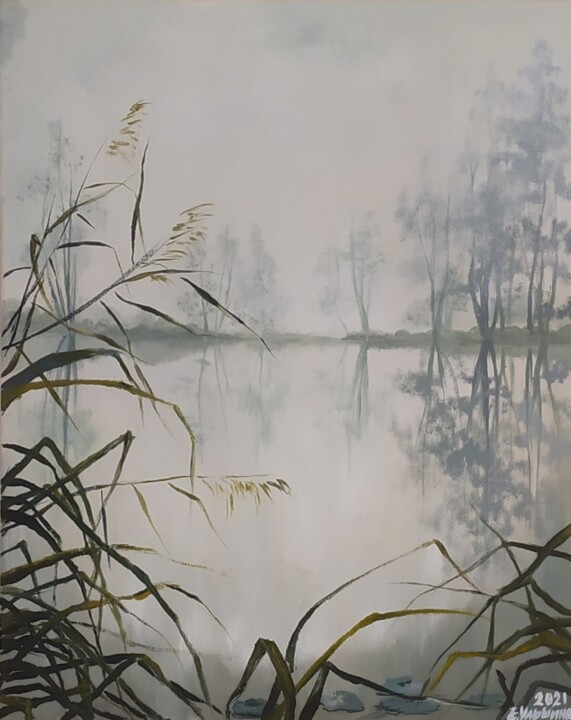 Картина под названием "Туман в лесу" - Елена Ульшина, Подлинное произведение искусства, Масло Установлен на Деревянная панель
