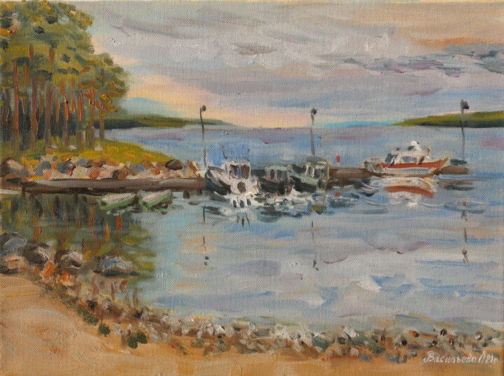 Painting titled "At the pier" by Elena Vasil`Eva, Original Artwork, Oil