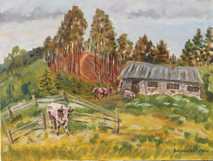 Painting titled "Karelian village -…" by Elena Vasil`Eva, Original Artwork, Oil