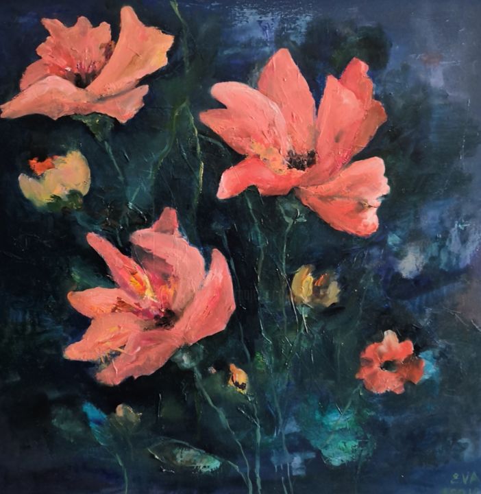 Malerei mit dem Titel "Les fleurs rouges" von Eva Lesil, Original-Kunstwerk, Öl