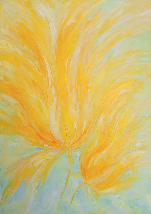 Painting titled "Fiery yellow flowers" by Elena Vik, Original Artwork, Oil Mounted on Wood Stretcher frame