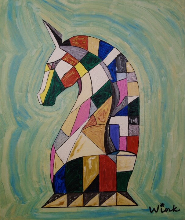 Painting titled "Chess horse 01." by Elena Wink, Original Artwork, Acrylic Mounted on Wood Stretcher frame