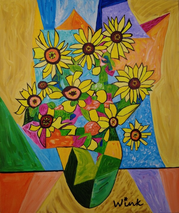 Painting titled "Sunflowers 01." by Elena Wink, Original Artwork, Acrylic Mounted on Wood Stretcher frame