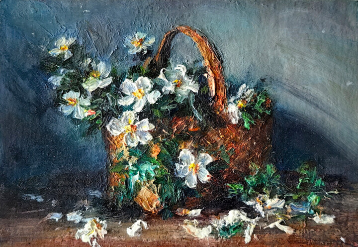 Malerei mit dem Titel "Basket with flowers" von Elena Zaichenko, Original-Kunstwerk, Öl