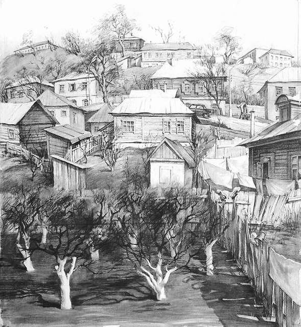 Дворы - Drawing, 50x50 cm ©2012 by Елена Жигулёва -
Black and White, Старый Курск