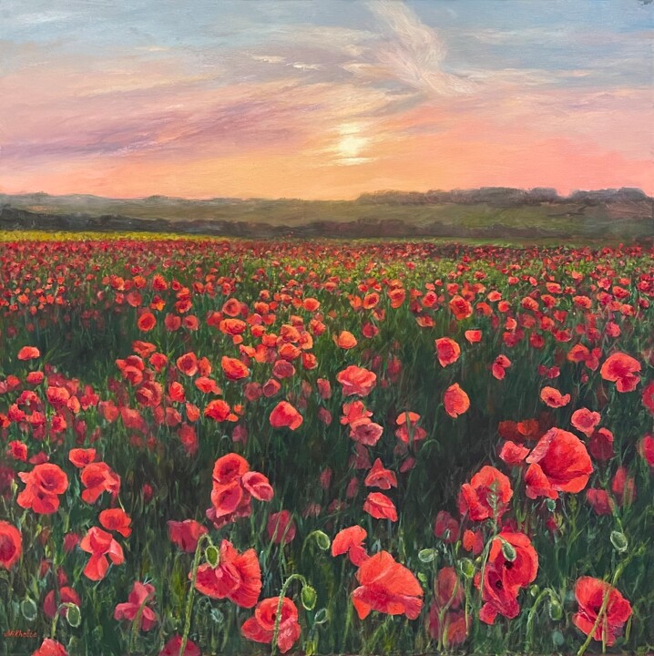 Painting titled "Poppies field" by Elena Mikhailova, Original Artwork, Acrylic Mounted on Wood Stretcher frame