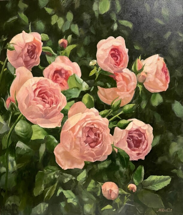 "Pink roses in the g…" başlıklı Tablo Elena Mikhailova tarafından, Orijinal sanat, Petrol Ahşap Sedye çerçevesi üzerine mont…