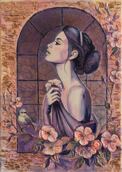 Картина под названием "Girl with a birdie" - Елена Аверина, Подлинное произведение искусства, Акрил Установлен на Подрамник