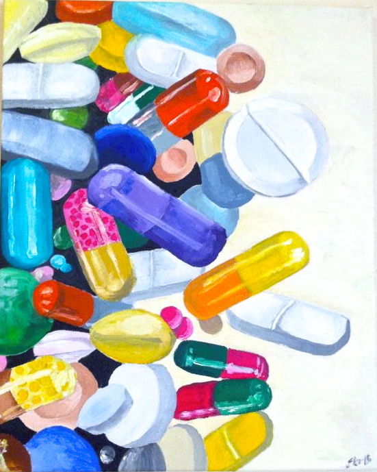 Painting titled "Pills and candies" by Elena Barilli, Original Artwork, Oil