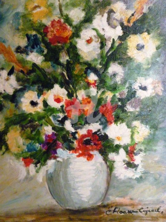 Painting titled "Red and White Flowe…" by Elena Floares Cojenel, Original Artwork, Oil