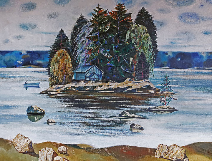 Painting titled "Большая река" by Elena Dobrynina, Original Artwork, Oil Mounted on Wood Stretcher frame