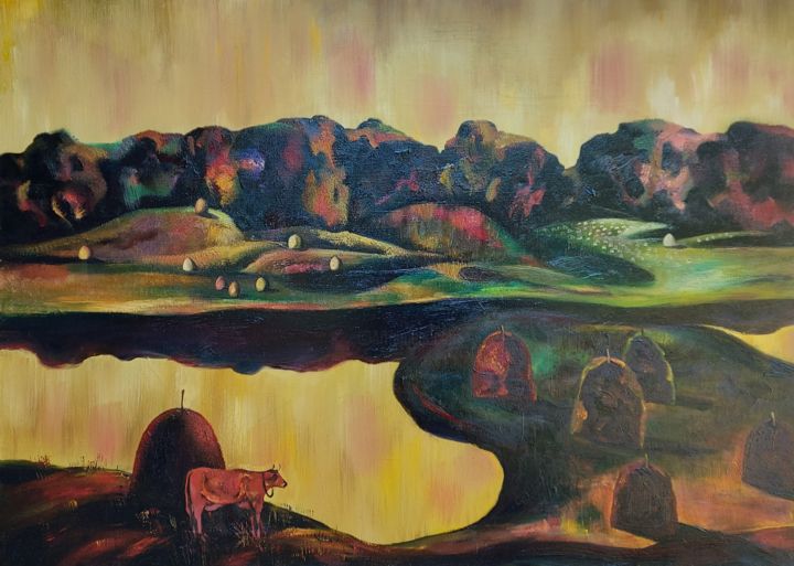 Painting titled "A warm evening" by Elena Dobrynina, Original Art, Oil Mounted on Stretcher frame