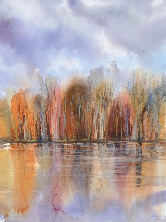 Painting titled "Autumn Reflections" by Elena Genkin, Original Artwork, Watercolor