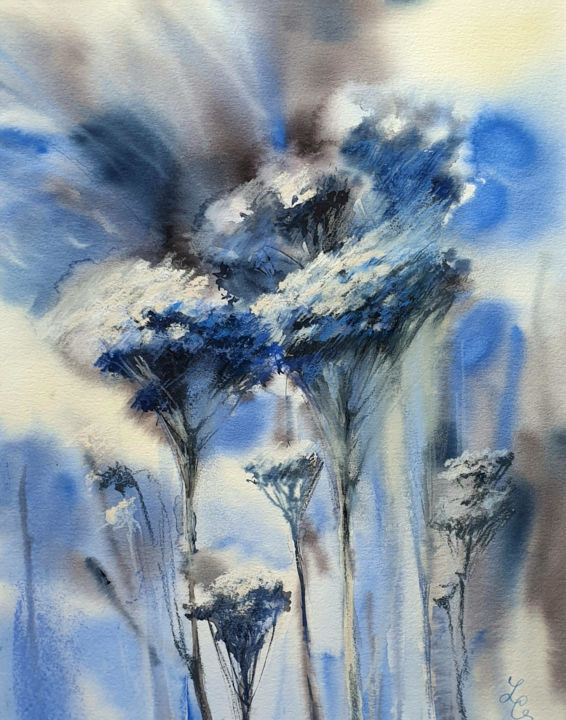 Painting titled "Snowy flowers" by Elena Genkin, Original Artwork, Watercolor