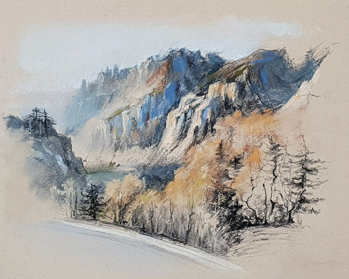 Disegno intitolato "Mystical Mountains.…" da Elena Genkin, Opera d'arte originale, Pastello