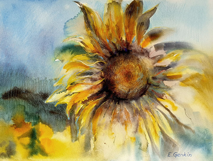 Painting titled "Sunflower portrait" by Elena Genkin, Original Artwork, Watercolor