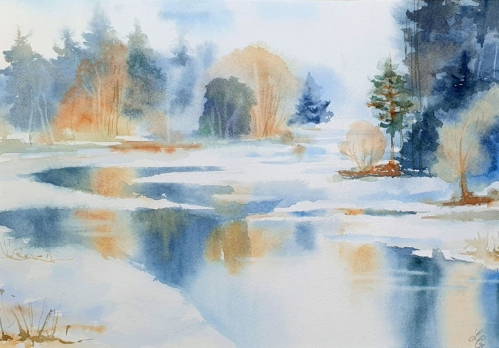 Картина под названием "Melting snow. 2nd e…" - Elena Genkin, Подлинное произведение искусства, Акварель