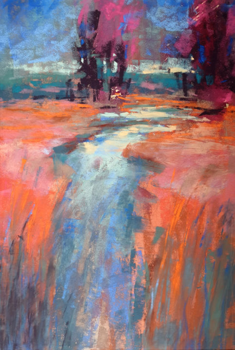 Painting titled "Flowing river surro…" by Elena Genkin, Original Artwork, Pastel