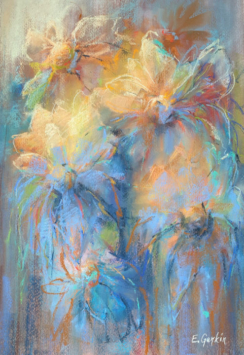 Painting titled "Hot wildflowers" by Elena Genkin, Original Artwork, Pastel