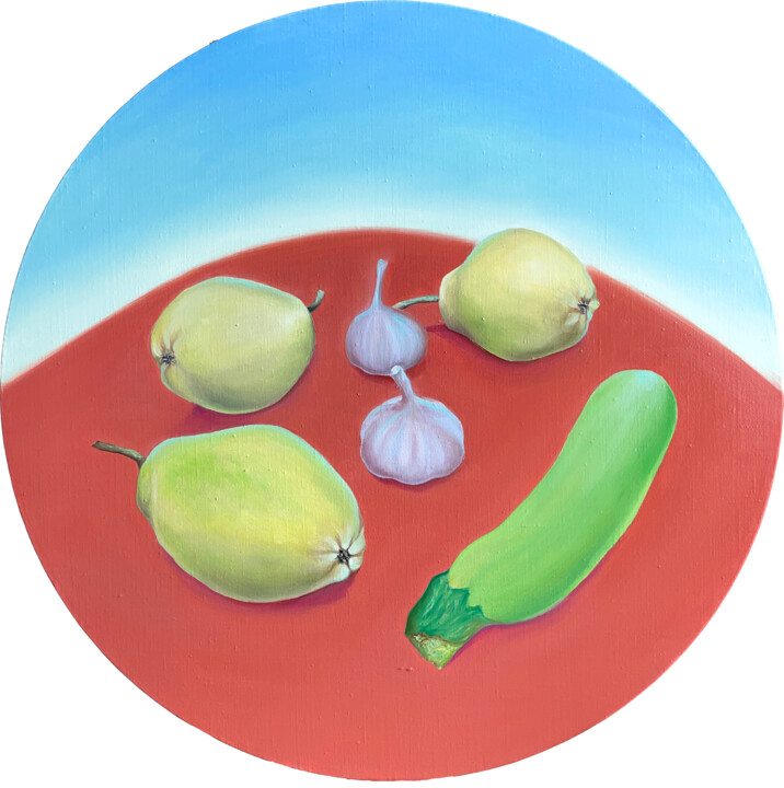 Painting titled "Pears family still…" by Elenak., Original Artwork, Oil Mounted on Wood Stretcher frame