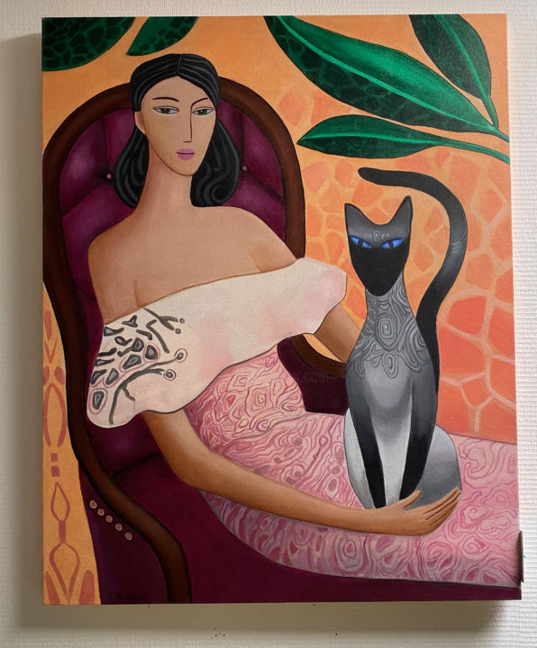 Schilderij getiteld "Black cat" door Elena Markova, Origineel Kunstwerk, Acryl