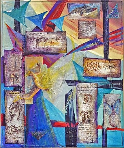Prometheus - Mixed Media, 48x52 cm ©2010 by Elena Martém -
Prometheus is surrounded by beautiful swooping figures and symbols - mixed media