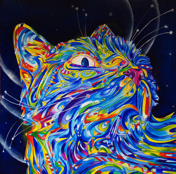 Peinture intitulée "MOON CAT" par Elena Mclaren, Œuvre d'art originale, Huile
