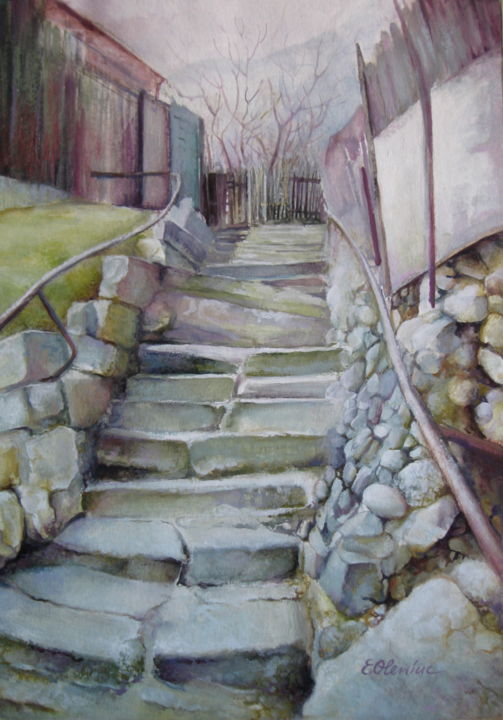 Painting titled "Back in time" by Elena Oleniuc, Original Artwork, Watercolor