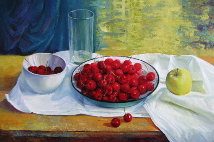 Painting titled "Cherries" by Elena Oleniuc, Original Artwork, Acrylic