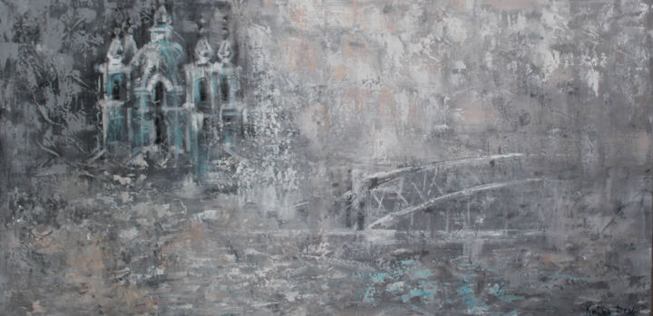 Painting titled "City in the Mist" by Elena Resh, Original Artwork, Acrylic