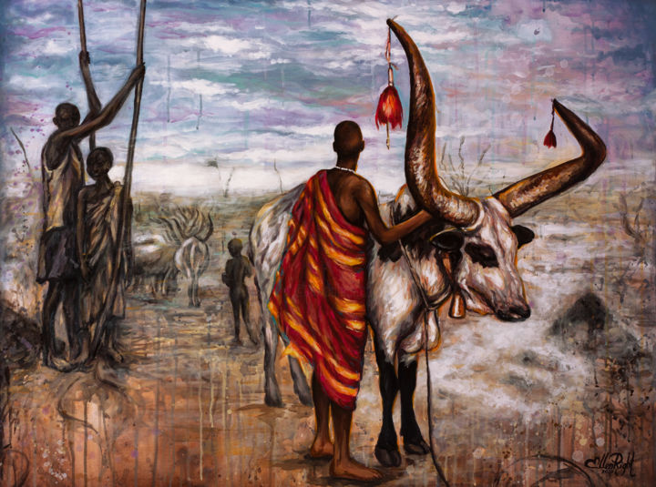 Painting titled "Dinka tribe Origina…" by Elena Right, Original Artwork, Acrylic Mounted on Wood Stretcher frame