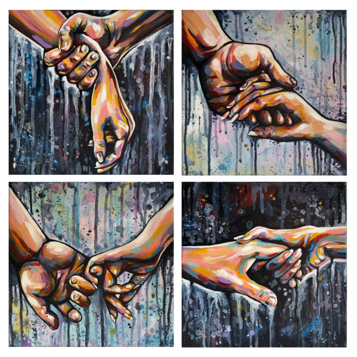 Painting titled "FAMILY HANDS Polypt…" by Elena Right, Original Artwork, Acrylic Mounted on Wood Stretcher frame