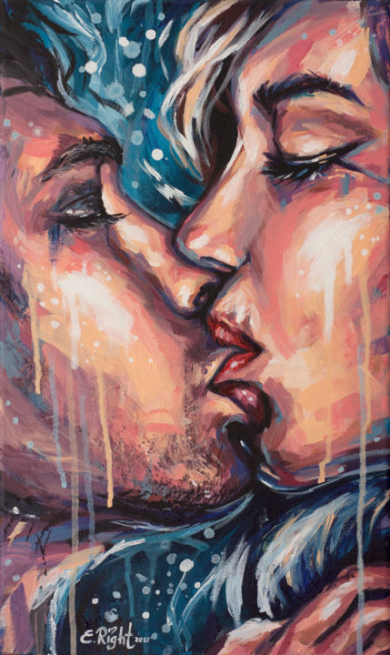 Painting titled "Kiss . Original acr…" by Elena Right, Original Artwork, Acrylic Mounted on Wood Stretcher frame