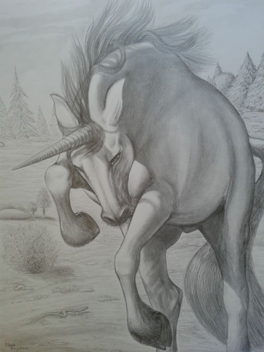 Dibujo titulada "Licorne attaque" por Elena Nesytova, Obra de arte original, Grafito