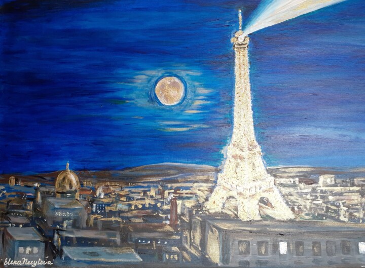 Painting titled "Pleine Lune à Paris" by Elena Nesytova, Original Artwork, Acrylic Mounted on Wood Stretcher frame