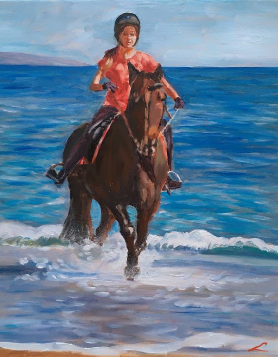 Painting titled "Equestrienne" by Elena Sokolova, Original Artwork, Oil Mounted on Wood Stretcher frame