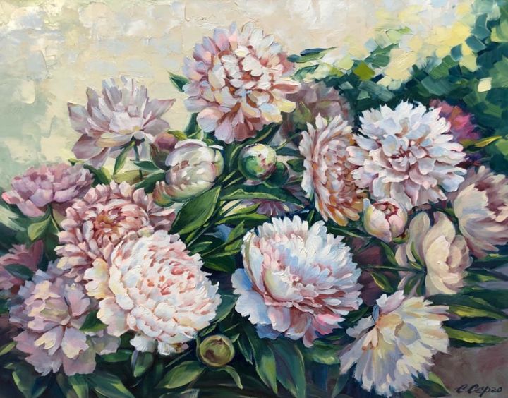 Painting titled "Peonies" by Elena Sergo, Original Artwork, Oil